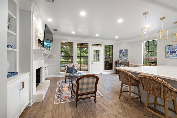 Fireplace, Interior, Pendant Lights, Recessed Lighting, Wood Texture Flooring