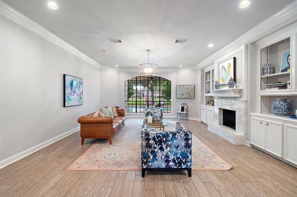 Fireplace, Interior, Living room, Pendant Lights, Recessed Lighting, Wood Texture Flooring