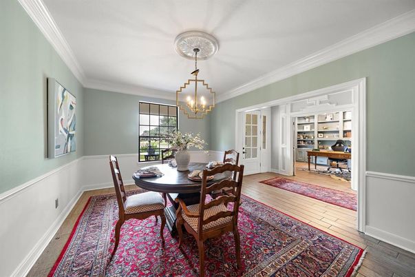 Dining room, Interior, Pendant Lights, Wood Texture Flooring