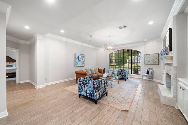 Fireplace, Interior, Living room, Pendant Lights, Recessed Lighting, Wood Texture Flooring
