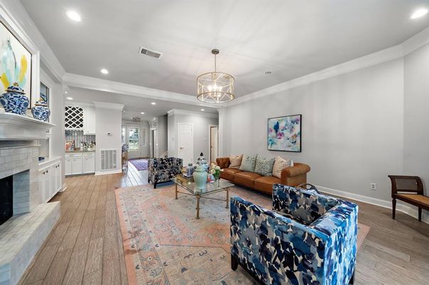 Chandelier, Fireplace, Interior, Living room, Recessed Lighting, Wood Texture Flooring