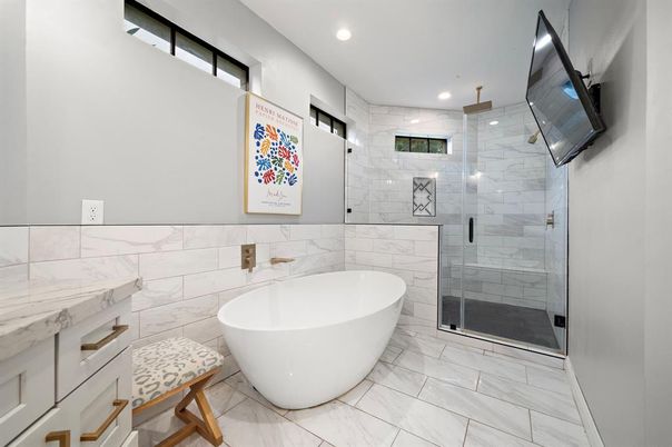 Bathroom, Free Standing Baths, Glass Shower, Interior, Marble, Marble Walls, Recessed Lighting