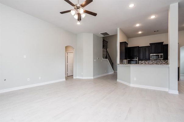 Empty room, Interior, Kitchen, Recessed Lighting, Wood Texture Flooring