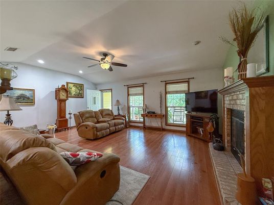 Fireplace, Interior, Living room, Recessed Lighting, Wood Texture Flooring