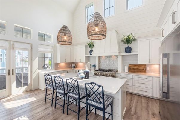 Dining room, Interior, Kitchen, Pendant Lights, Stainless Steel Appliances, Wood Texture Flooring