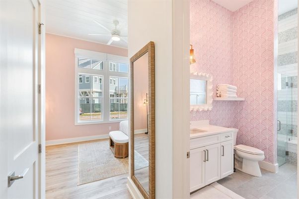 Bathroom, Glass Shower, Interior, Wood Texture Flooring