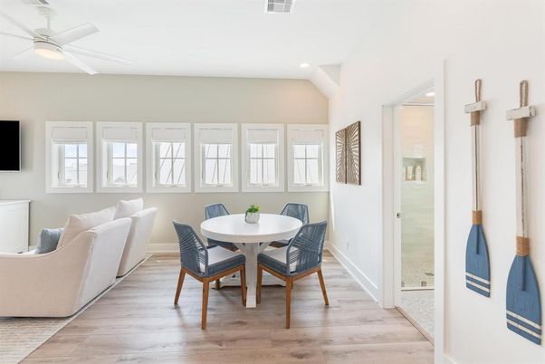 Dining room, Interior, Recessed Lighting, Wood Texture Flooring