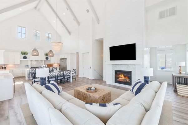 Chandelier, Dining room, Fireplace, Interior, Kitchen, Living room, Pendant Lights, Recessed Lighting, Wood Texture Flooring