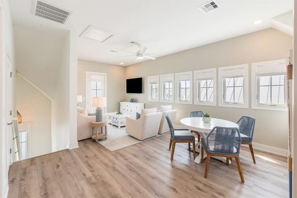 Dining room, Interior, Living room, Recessed Lighting, Wood Texture Flooring