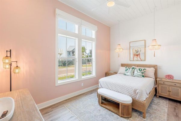 Bedroom, Interior, Pendant Lights, Wood Texture Flooring