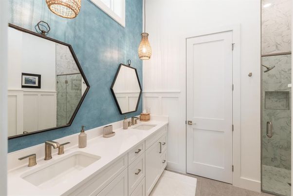 Bathroom, Dual Sink Vanities, Glass Shower, Interior, Marble Walls