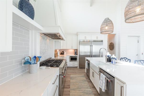 Interior, Kitchen, Pendant Lights, Stainless Steel Appliances, Wood Texture Flooring