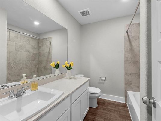 Bathroom, Dual Sink Vanities, Interior, Recessed Lighting, Wood Texture Flooring