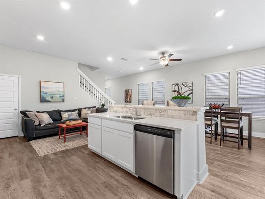 Dining room, Interior, Kitchen, Living room, Recessed Lighting, Wood Texture Flooring