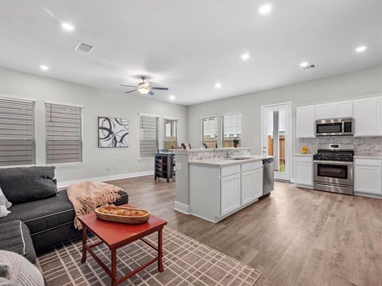 Interior, Kitchen, Living room, Recessed Lighting, Stainless Steel Appliances, Wood Texture Flooring