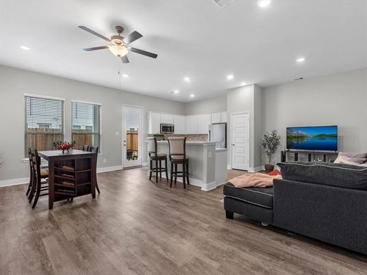 Dining room, Interior, Kitchen, Living room, Recessed Lighting, Wood Texture Flooring