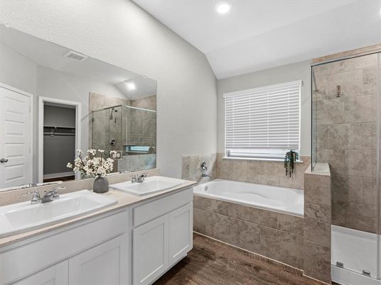 Bathroom, Dual Sink Vanities, Glass Shower, Interior, Recessed Lighting, Wood Texture Flooring