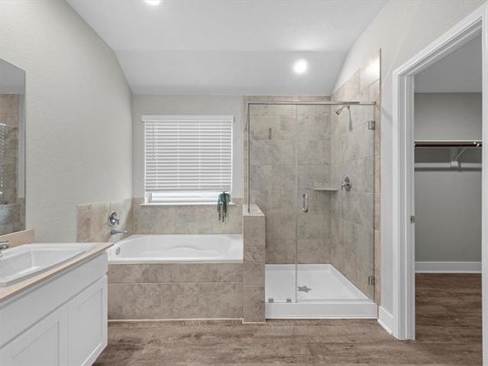 Bathroom, Dual Sink Vanities, Glass Shower, Interior, Recessed Lighting, Wood Texture Flooring