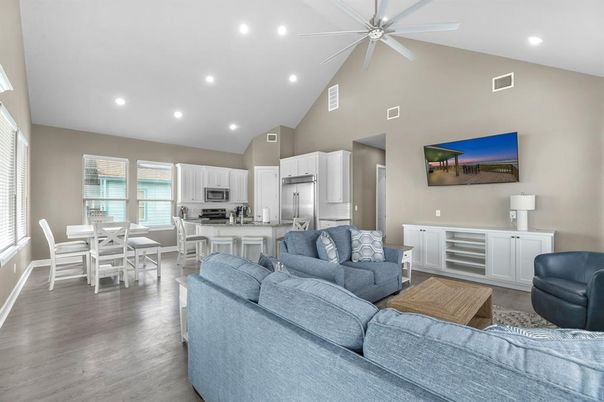Dining room, Interior, Kitchen, Living room, Recessed Lighting, Stainless Steel Appliances, Wood Texture Flooring
