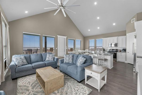 Dining room, Interior, Kitchen, Living room, Recessed Lighting, Stainless Steel Appliances, Wood Texture Flooring