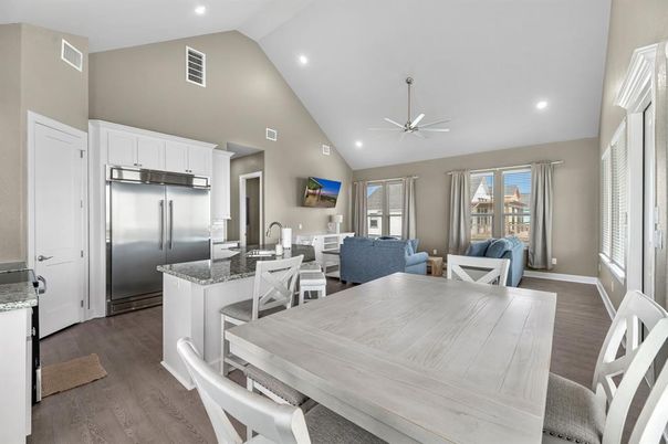 Dining room, Interior, Kitchen, Living room, Recessed Lighting, Stainless Steel Appliances, Wood Texture Flooring