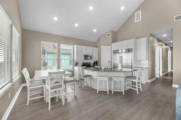 Dining room, Interior, Kitchen, Recessed Lighting, Stainless Steel Appliances, Wood Texture Flooring