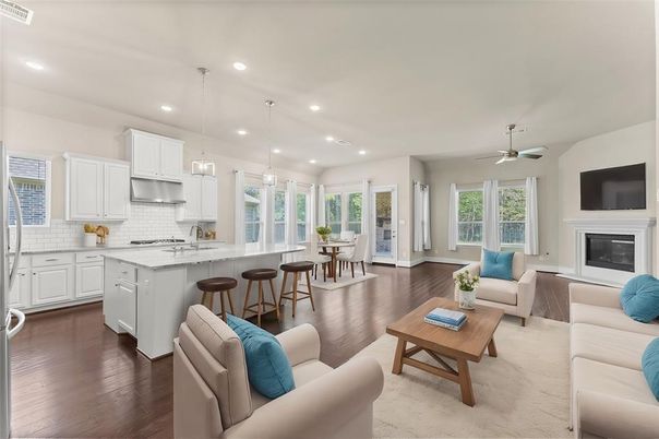 Dining room, Fireplace, Interior, Kitchen, Living room, Pendant Lights, Recessed Lighting, Wood Texture Flooring