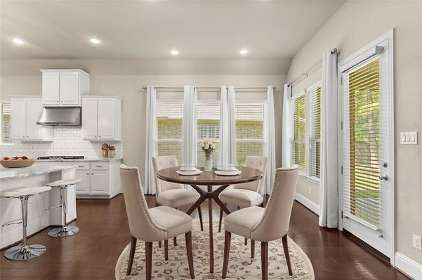 Dining room, Interior, Kitchen, Recessed Lighting, Wood Texture Flooring