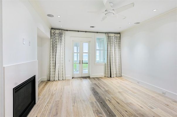 Empty room, Fireplace, Interior, Recessed Lighting, Wood Texture Flooring