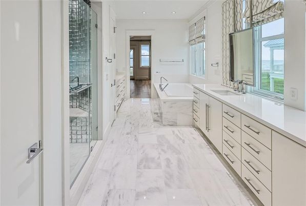 Bathroom, Dual Sink Vanities, Glass Shower, Interior, Marble, Recessed Lighting