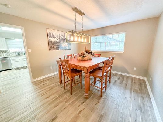 Dining room, Interior, Pendant Lights, Wood Texture Flooring