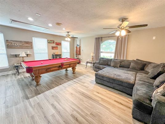 Billiard Table, Game Room, Interior, Living room, Recessed Lighting, Wood Texture Flooring