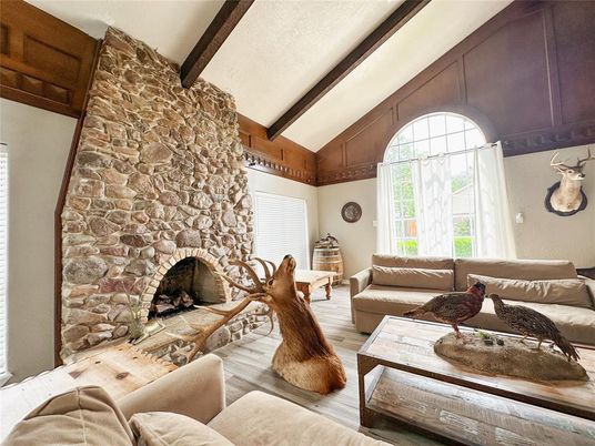 Fireplace, Interior, Living room, Stone Walls, Wooden Beams, Wood Texture Flooring