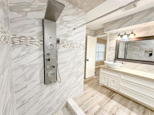 Bathroom, Interior, Marble Walls, Wood Texture Flooring