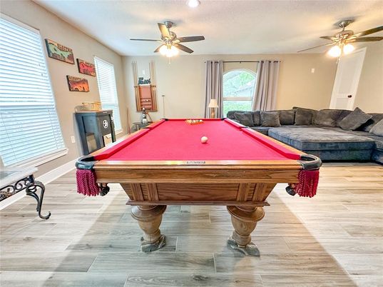 Billiard Table, Game Room, Interior, Recessed Lighting, Wood Texture Flooring