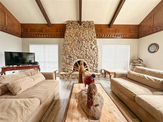 Fireplace, Interior, Living room, Stone Walls, Wooden Beams, Wood Texture Flooring