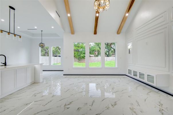Empty room, Interior, Marble, Pendant Lights, Recessed Lighting, Wooden Beams