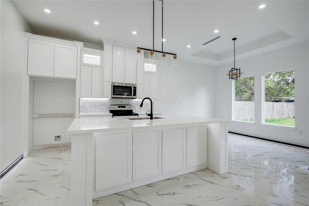 Interior, Kitchen, Marble, Pendant Lights, Recessed Lighting, Stainless Steel Appliances