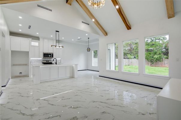 Interior, Kitchen, Marble, Pendant Lights, Recessed Lighting, Stainless Steel Appliances, Wooden Beams