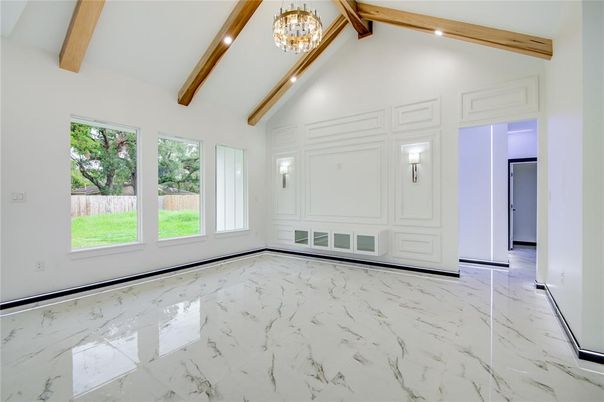 Chandelier, Empty room, Interior, Marble, Wooden Beams