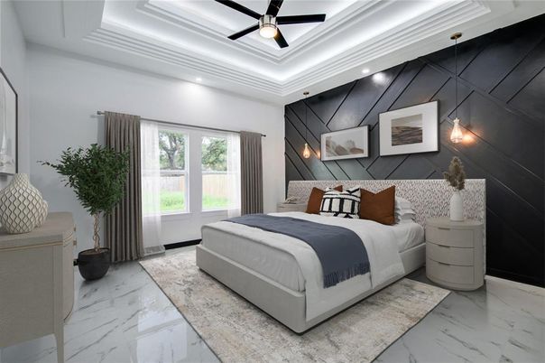 Bedroom, Interior, Marble, Pendant Lights, Recessed Lighting