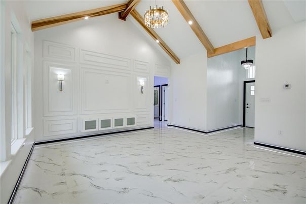 Empty room, Interior, Marble, Pendant Lights, Wooden Beams