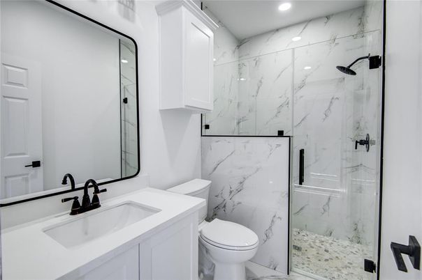 Bathroom, Glass Shower, Interior, Marble, Marble Walls, Recessed Lighting