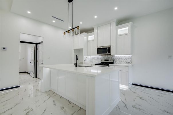 Interior, Kitchen, Marble, Pendant Lights, Recessed Lighting, Stainless Steel Appliances