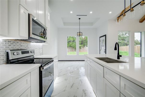 Interior, Kitchen, Marble, Pendant Lights, Recessed Lighting, Stainless Steel Appliances