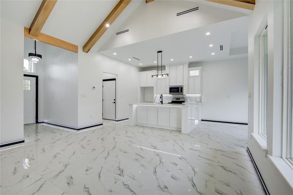 Interior, Kitchen, Marble, Pendant Lights, Recessed Lighting, Stainless Steel Appliances, Wooden Beams