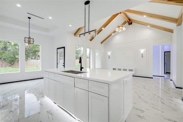 Interior, Kitchen, Marble, Pendant Lights, Recessed Lighting, Wooden Beams