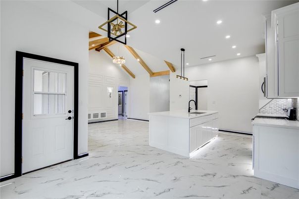 Interior, Kitchen, Marble, Pendant Lights, Recessed Lighting, Wooden Beams