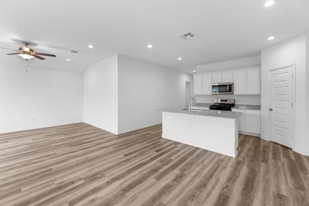Interior, Kitchen, Recessed Lighting, Stainless Steel Appliances, Wood Texture Flooring