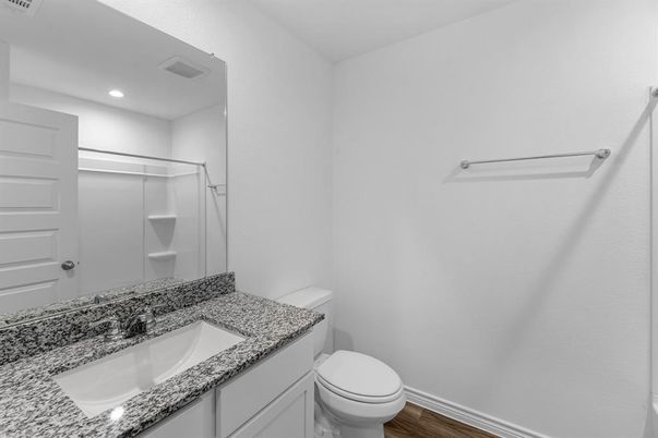 Bathroom, Glass Shower, Interior, Recessed Lighting, Wood Texture Flooring